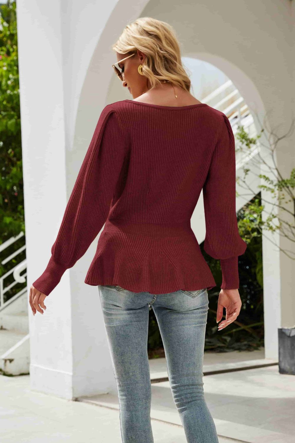 Ribbed Round Neck Lantern Sleeve Sweater