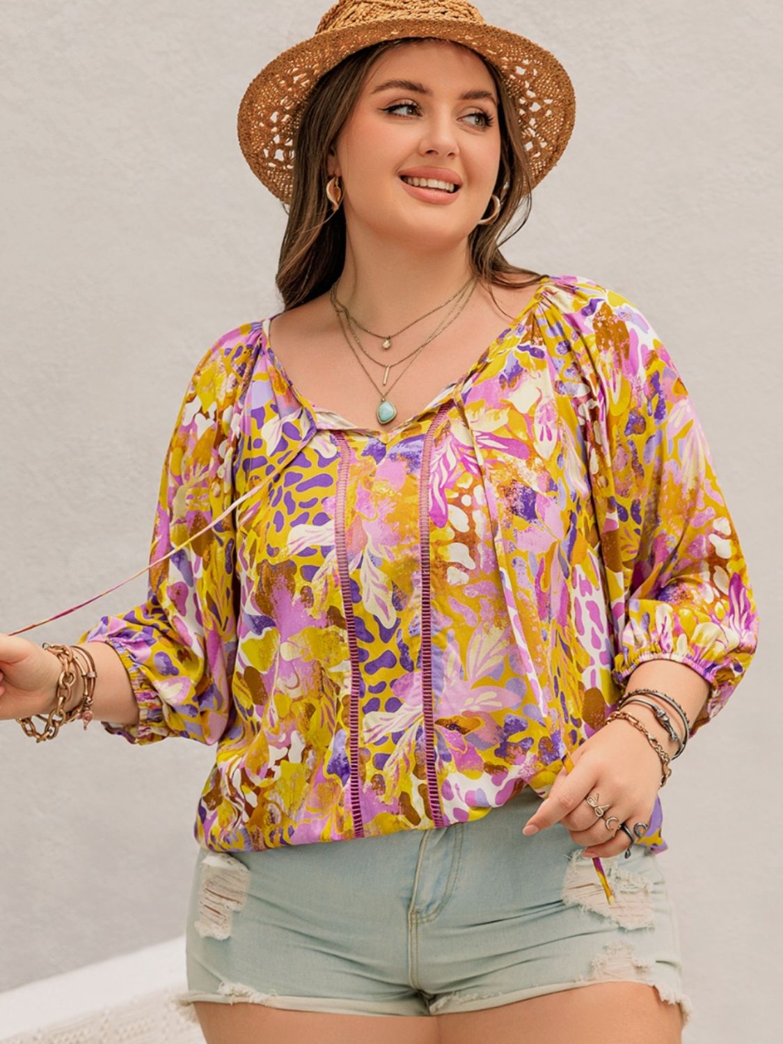 Plus Size Printed Tie Neck Blouse